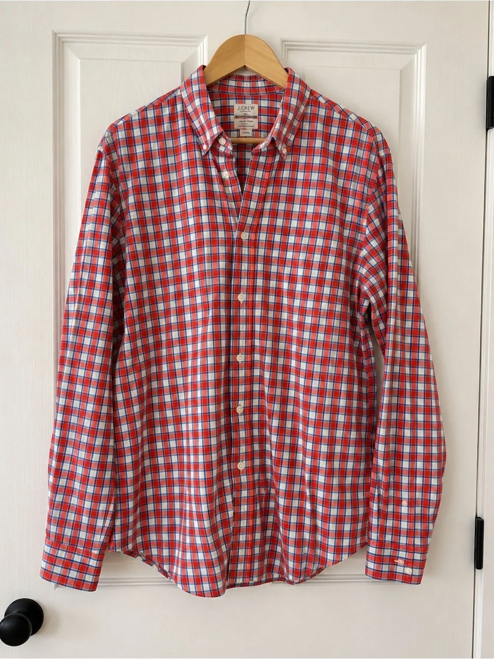 J.Crew Men’s Large Lightweight Plaid Button Down Shirt Red White Blue 100% Cotto